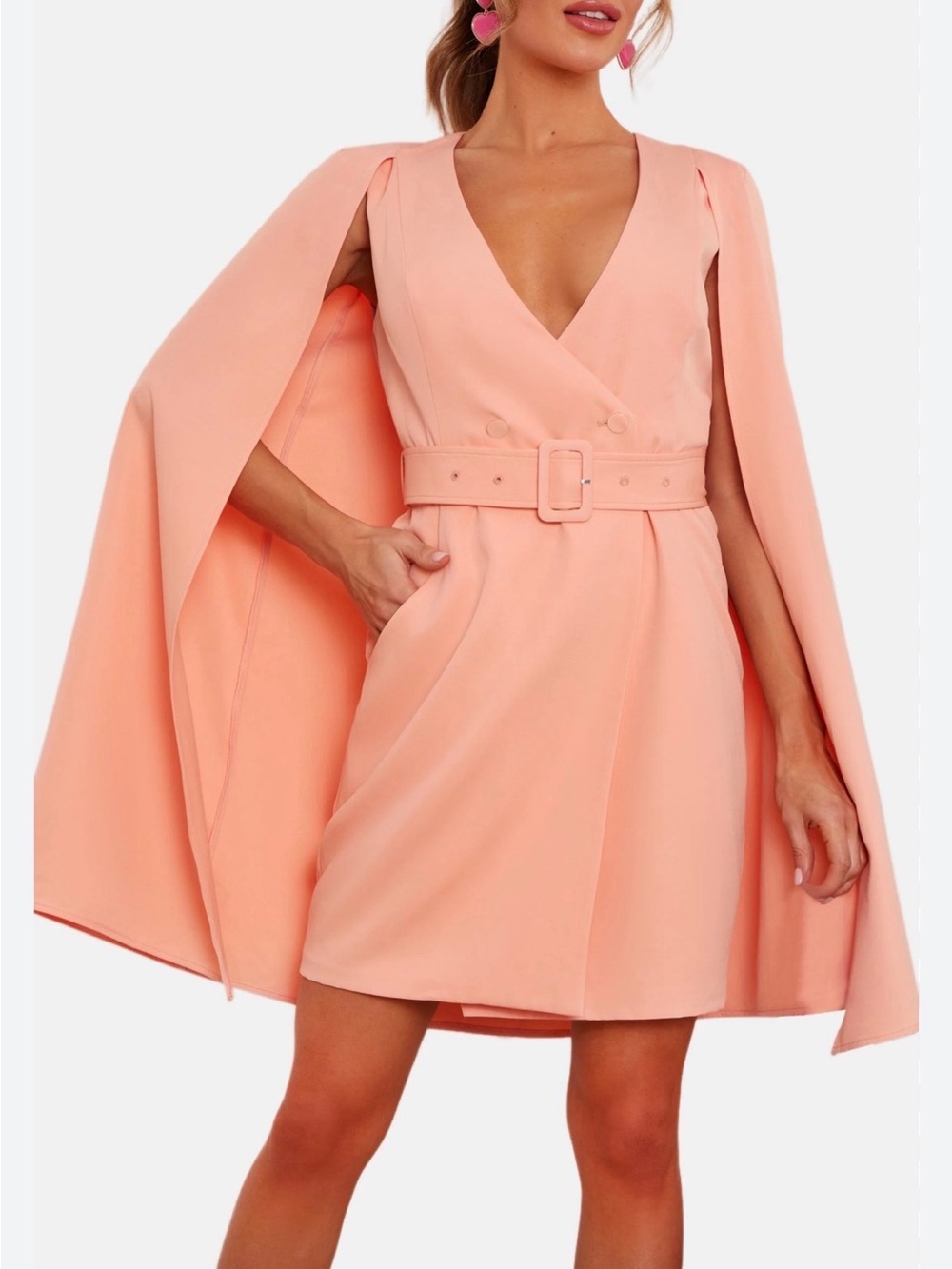 Women's Peach V-Neck Cape Dress with Belt